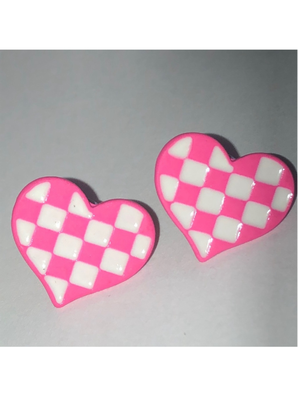 Pink and White Checkered Heart Earrings